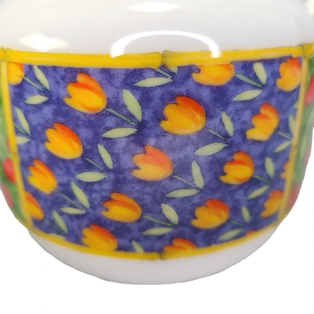 Vista Alegre Horta Sugar Bowl Trinket With‎ Lid Floral Blue Yellow Band Portugal